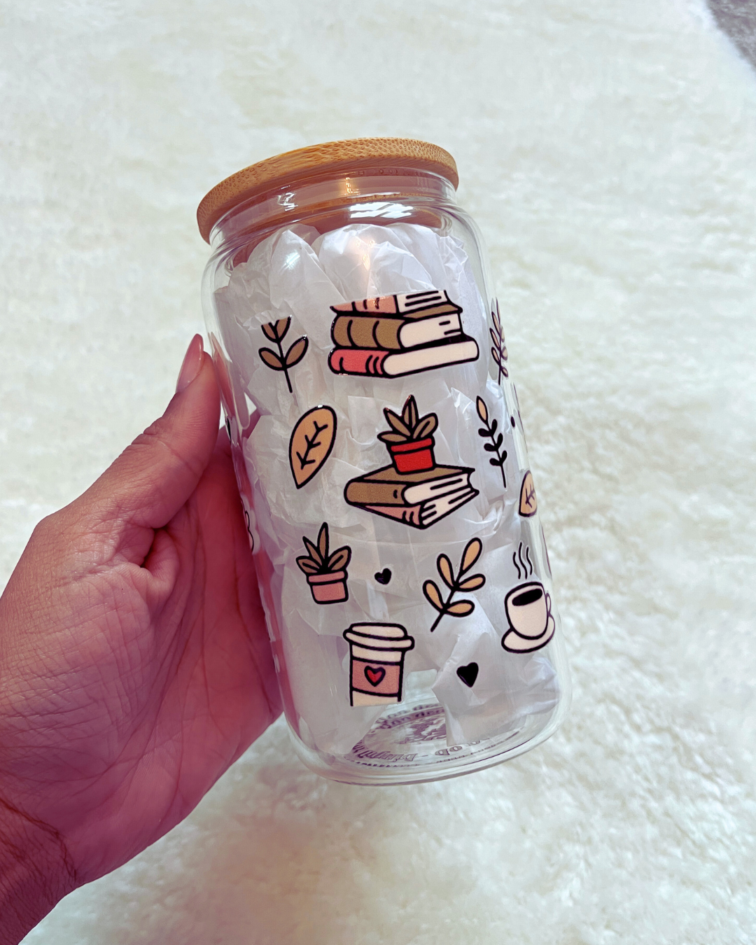 Books and Coffee Doodle Glass Can