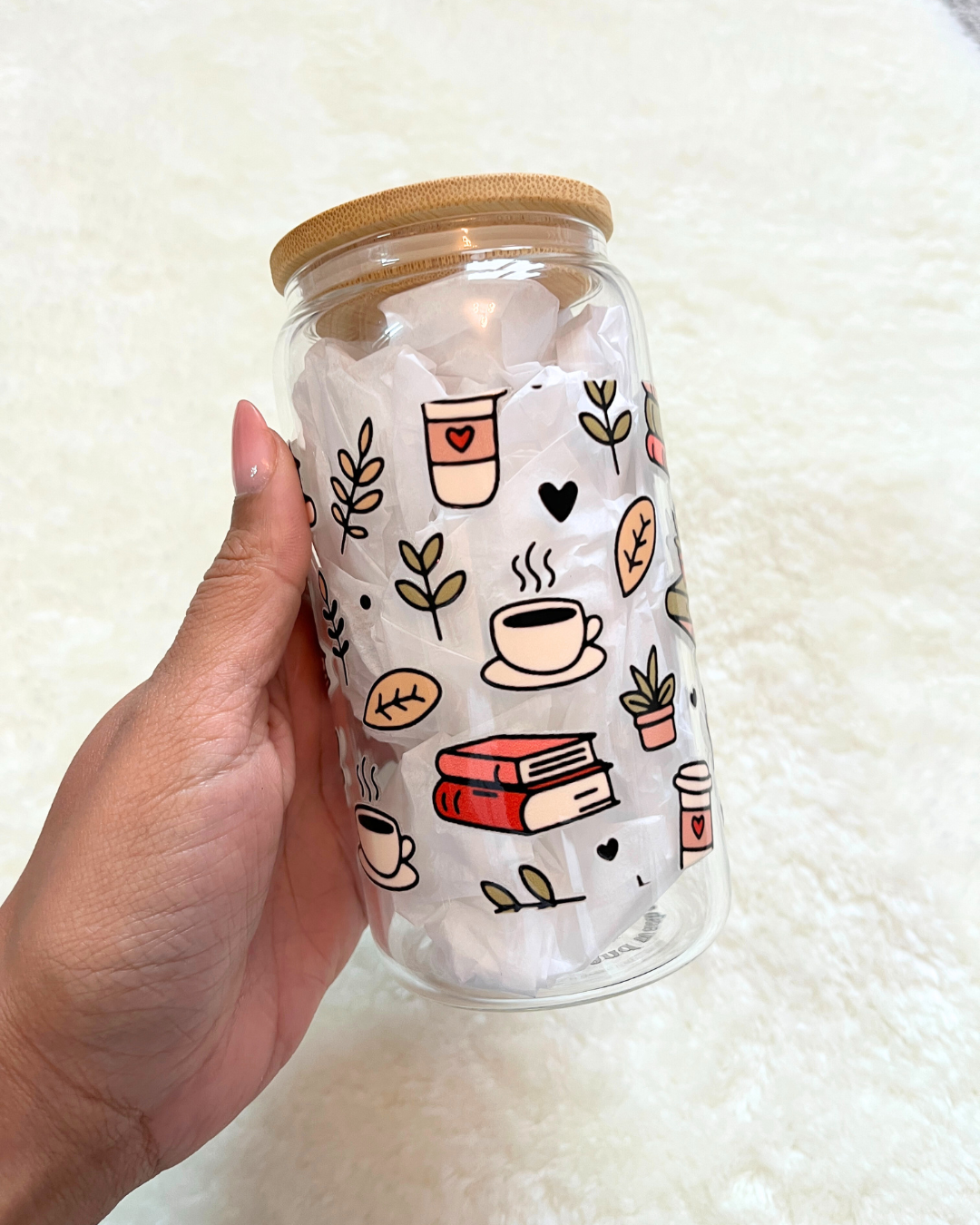 Books and Coffee Doodle Glass Can