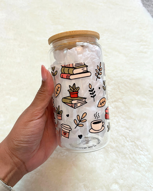 Books and Coffee Doodle Glass Can