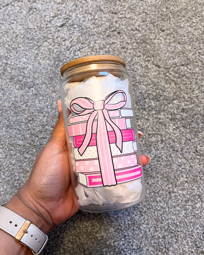 Pink Book Stack Glass Can