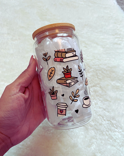 Books and Coffee Doodle Glass Can