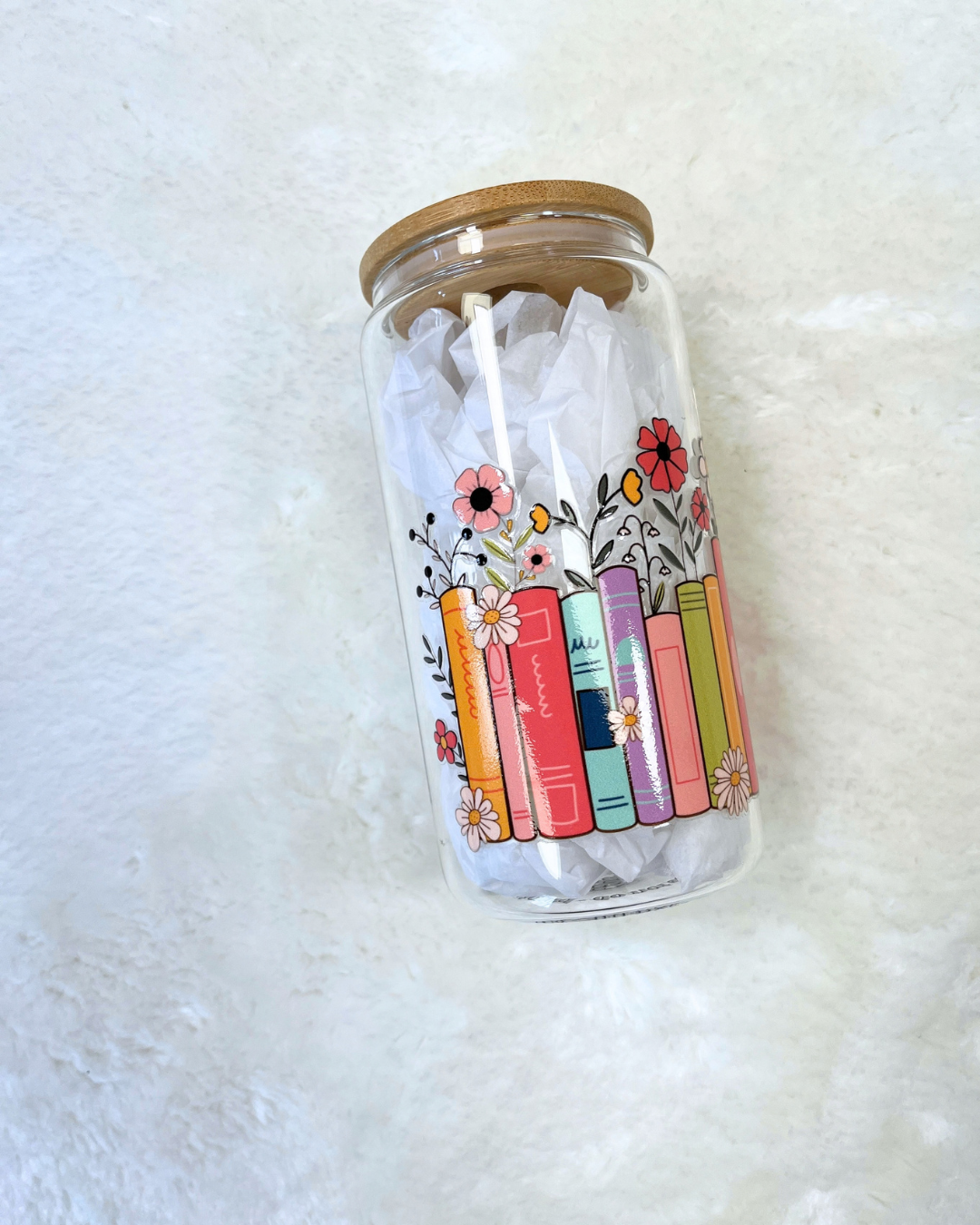 Books and Flowers Glass Can