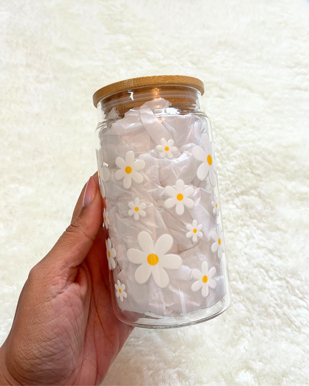 Daisies Glass Can
