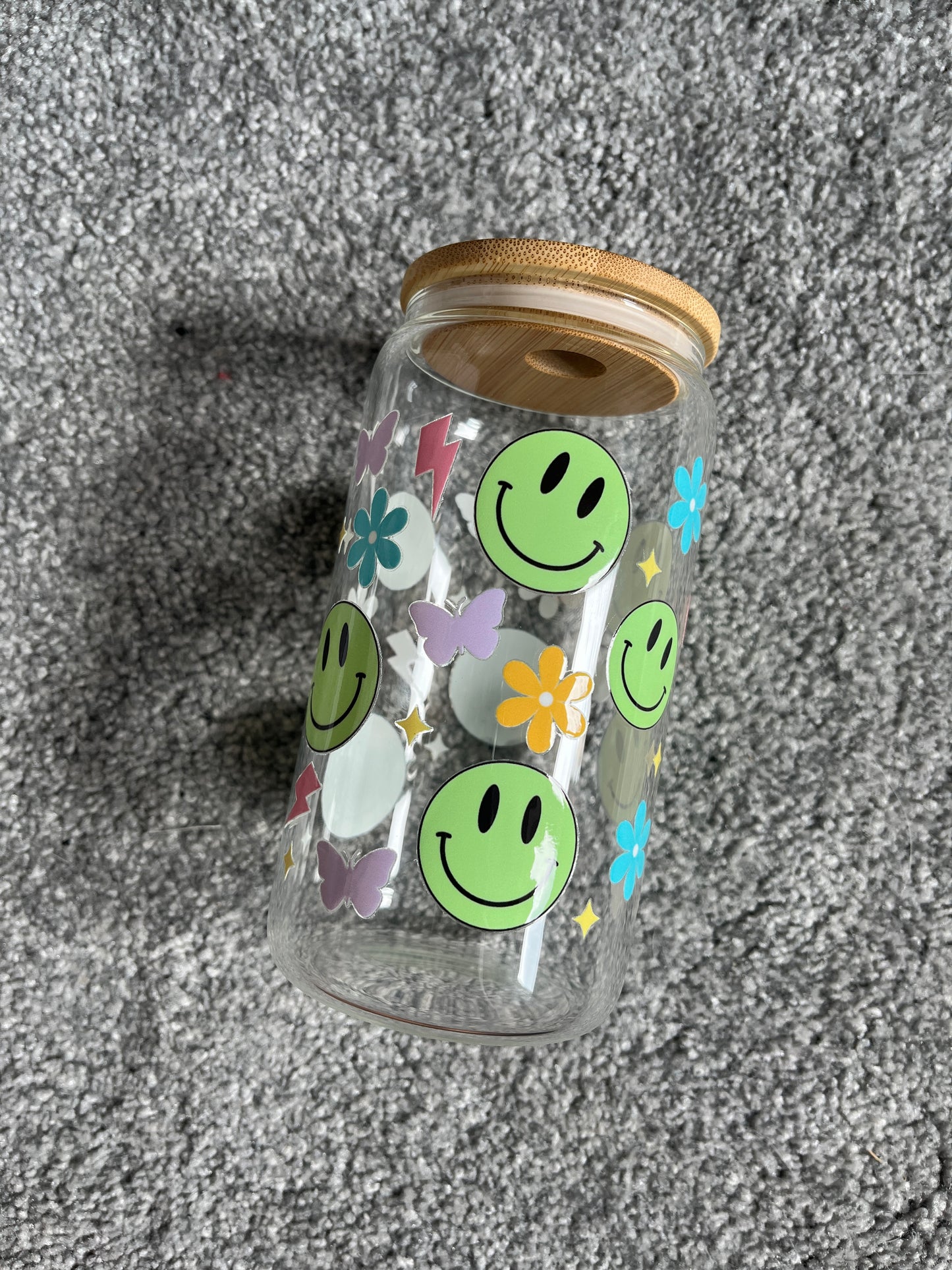 Retro Smiles and Doodles Glass Can